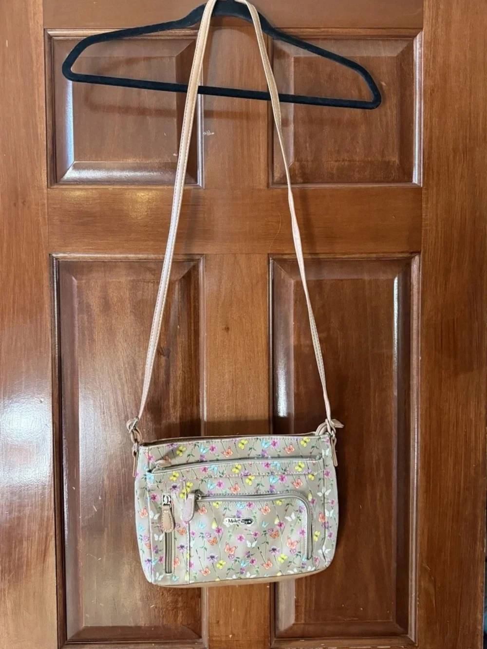 MultiSac Floral Butterfly Crossbody Faux Leather Brown Tan Multi Pocket Purse